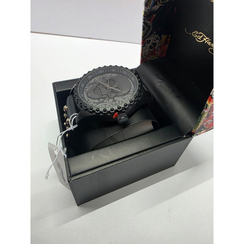 Ed Hardy Mens Skull Watch Black Leather Cuff Studded Strap 3D Dial New in Box - Picture 2 of 4